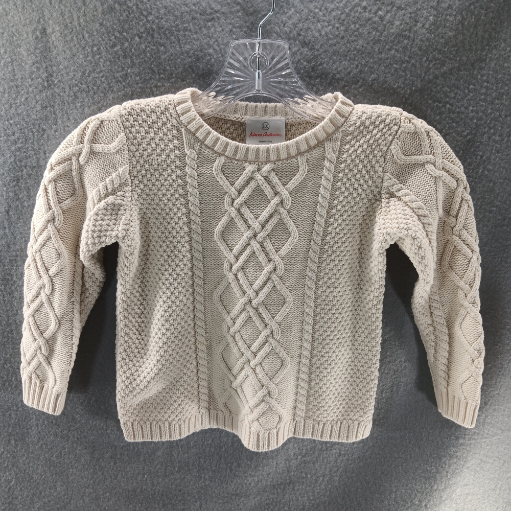 Hanna Andersson Cable Knit Sweater Girls Size 100 US 4 Ivory Fisherman Preppy